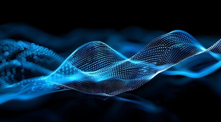 Poster - Abstract, blue-glowing digital waves on a black background, an AI and technology concept