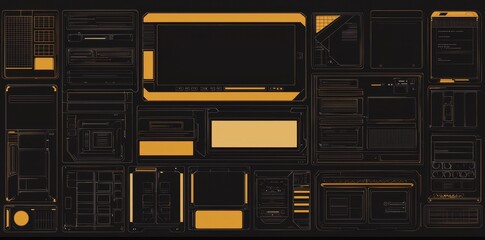 Fototapete - Frames with text, panels, windows, and information blocks for a HUD interface. Set of modern frames with HUD, GUI, and UI elements.
