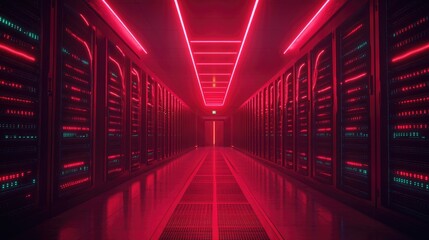 A long, narrow corridor lined with server racks. The ceiling is illuminated with red neon lights, casting a futuristic glow.