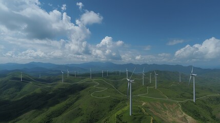 Aufkleber - Animated aerial view of wind turbines generating clean renewable energy for sustainable development using holographic display technology.