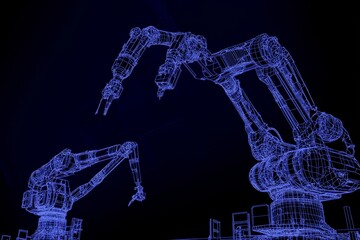 Poster - Technology 3D rendering of Industrial 4.0 robot arm and hologram display