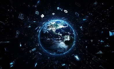 Poster - A digital hud with icons of the Earth sphere, a metaverse, and global connectivity.