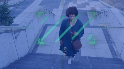 Poster - Walking up stairs and using smartphone, woman with animation of data processing