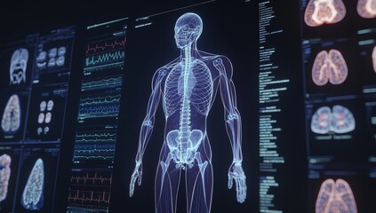 Leinwandbilder - Screen with projection of a hologram of a human body. Stock images