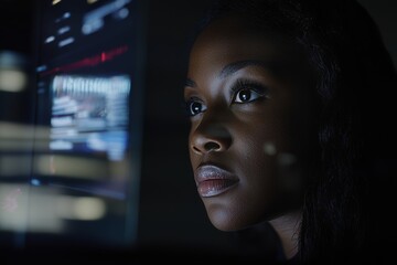 Leinwandbilder - An office worker in black and a futuristic graphical user interface. ICT (Information Communication Technology). Designing a system.