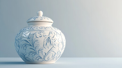 A white ceramic jar with a lid, featuring intricate blue floral designs, sits on a light blue surface.