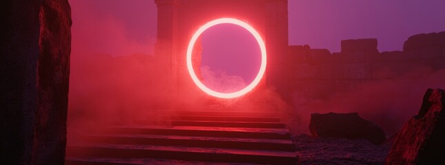 Poster - Tech-technology background portal circle cyberpunk effect digital. Modern futuristic data concept neon vr fi abstract cyberpunk podium hologram light blue.