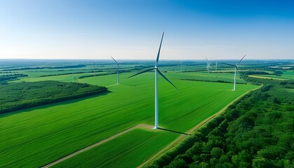 Wall Mural - Breathtaking aerial perspective of wind turbines in a vibrant green landscape capturing renewable energy against a backdrop of serene blue skies