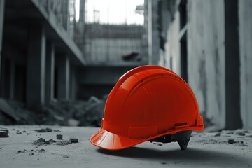 Canvas Print - An Orange Hard Hat on a Construction Site Floor