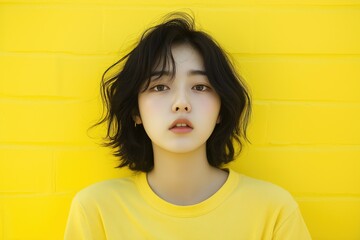 A studio close-up portrait of a young Asian woman wearing a casual t-shirt, with a colourful background.