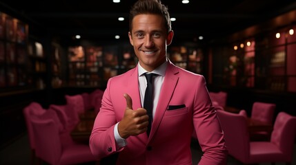 Wall Mural - Smiling young man dressed vivid pink suit having thumbs up.