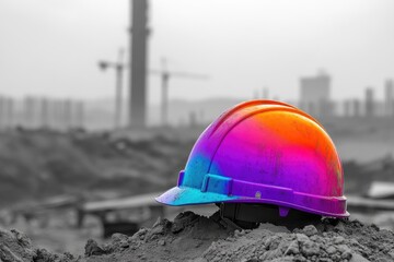 Wall Mural - Multicolored Hard Hat Resting on Gray Construction Debris