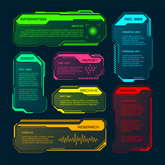 Poster - Futuristic HUD or UI elements. Sci-fi user interface text boxes, callouts. Colorful warning message frame, information boxes template. Modern game interface layout, digital style. Vector illustration