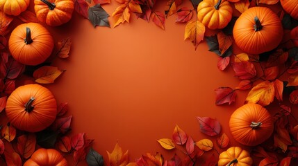 Vibrant autumn scene with orange pumpkins and colorful leaves, perfect for seasonal decor and Thanksgiving themes.