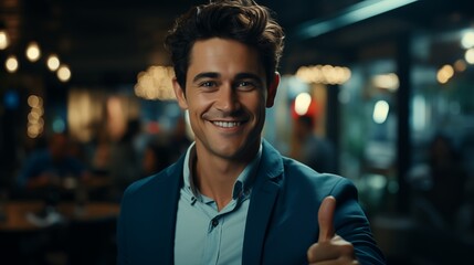 Wall Mural - smiling young man showing thumbs up on a blue background.