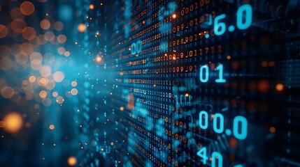 Poster - A close-up view of a computer screen displaying flowing binary code in blue with a futuristic digital interface in the background