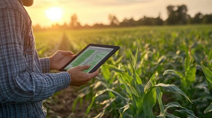 Wall Mural - A farmer uses a tablet computer to monitor his crops in a field at sunset.