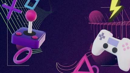 Poster - Joystick and game controller with geometric shapes animation on dark background