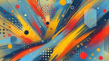 Wall Mural - A vibrant abstract painting featuring dynamic strokes, brush, and colorful dots. The composition is lively and energetic, showcasing a mix of red, yellow, and blue tones