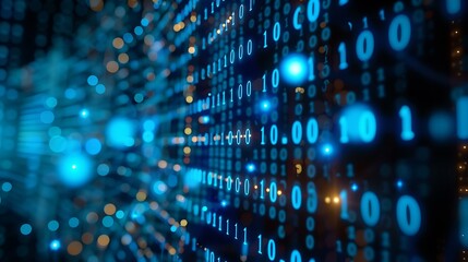 Poster - A digital matrix of blue binary code illuminated on a computer monitor, symbolizing data transmission and computer technology