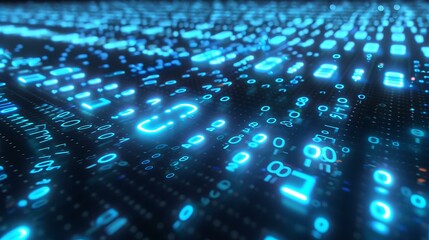 Poster - A futuristic scene with blue binary digits scattered across a screen with a glowing grid overlay, representing complex data and programming