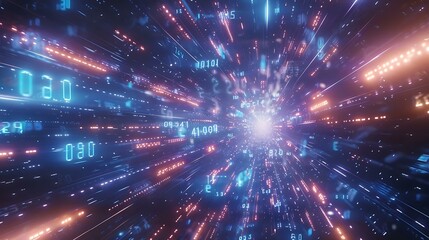 Poster - A futuristic scene with blue binary digits scattered across a screen with a glowing grid overlay, representing complex data and programming