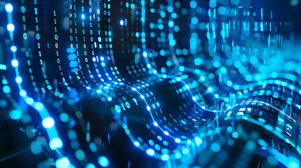 Poster - An abstract visualization of binary numbers in blue flowing across a computer screen with dynamic motion, creating a high-tech digital environment