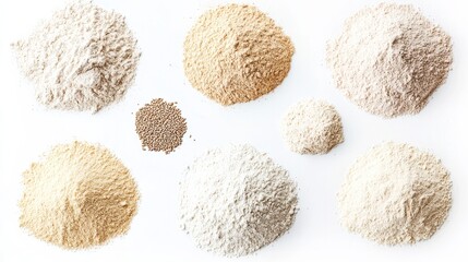 Different types of flour displayed in top and side views on a white background. assemblage style