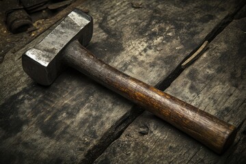 Wall Mural - A weathered metal hammer with a wooden handle lies on a rough wooden surface