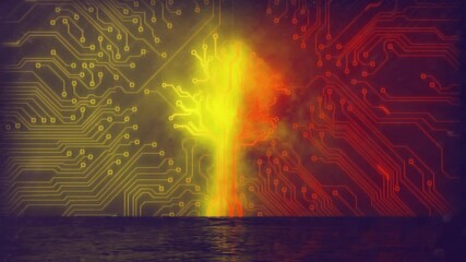 Aufkleber - Circuit board patterns and glowing tree animation over ocean at sunset