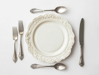 elegant place setting empty plate with silverware on pristine white background