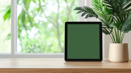 A sleek tablet stands on a wooden table beside a lush green plant, with a bright window view in the background, creating a serene workspace vibe.