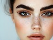 © AlazySM - beautiful girl model looking straight ahead, eye makeup: clearly defined cat eye eyeliner, thick eyebrows emphasizing facial features, brown eyes, commercial shooting