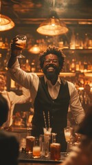 Wall Mural - Smiling African-American man in stylish classical outfit, raising glass of beer in warmly lit bar, creating relaxing atmosphere