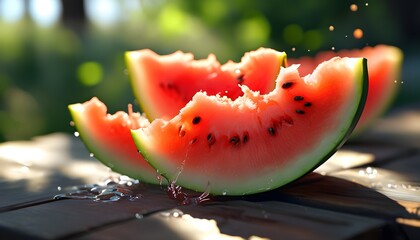 refreshing burst of sweet, juicy watermelon on a sun-drenched day, savoring each succulent bite and the blissful relief it brings from the heat