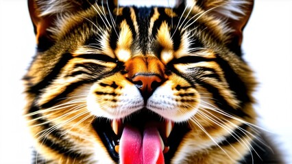 happy cat emotion of relief with closed eyes and open smiling mouth on white background