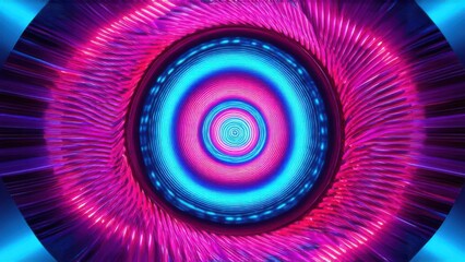 Graphic design art of abstract illusion of spiral with geometric shapes of pink and violet neon lines