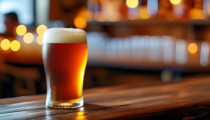 Frothy cold beer in cozy pub with rustic wooden bar and warm bokeh background