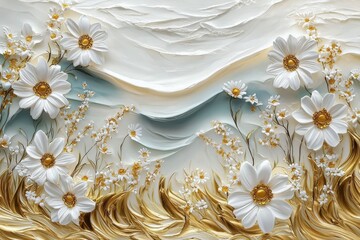 Poster - Field of Daisies - Oil Painting. Colorful art drawing