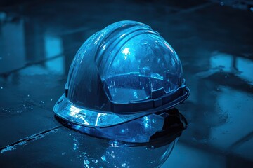 Poster - Blue Hard Hat Reflecting on Wet Surface