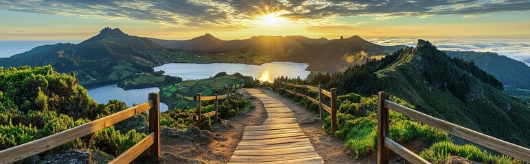 Poster - The mountainous landscape at Ponta Delgada, Sao Miguel Island, Azores, Portugal, with a hike trail and views of picturesque lakes
