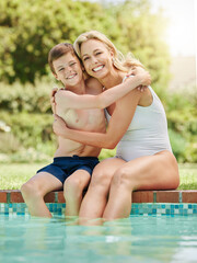 Sticker - Mother, smile and child by swimming pool with portrait, hug or relax in garden or park. Woman, son and outdoor with break for bonding, play and embrace with love on holiday or summer vacation