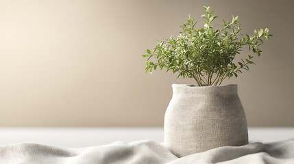 A small potted plant sits on a white fabric, adding a touch of green to the minimalist setting.