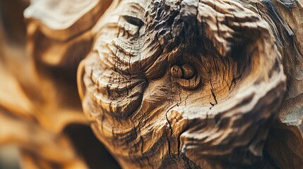 Wall Mural - Close-up of intricately carved wooden texture resembling a face.