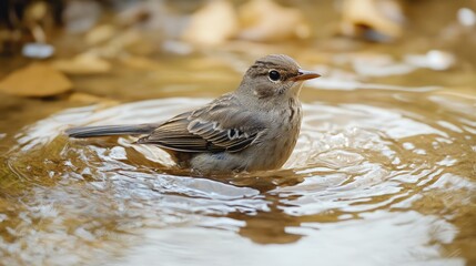 Wall Mural - A Bird Taking a Refreshing Dip in a Shallow Pool