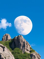 Wall Mural - Full moon hangs over rocky mountain peaks.