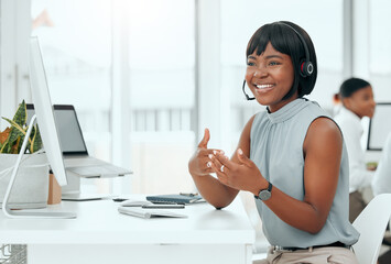 Wall Mural - Call center, woman and agent with headset talking to client for customer service, technical support and advice. Telemarketing, african operator and help desk consultant with microphone for assistance