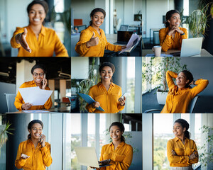 Poster - A young woman is seen actively participating in different work-related tasks within a bright and modern office setting. She is smiling and interacting with her surroundings
