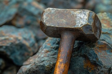 Canvas Print - Close-up of a Rusty Hammer Head Resting on Rocks