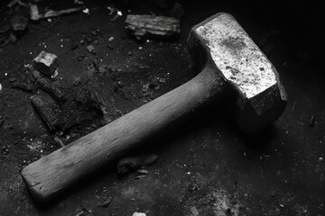 Poster - Black Hammer Resting on a Surface of Charcoal Dust